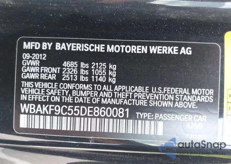 2013 BMW 335I xDrive from USA, damaged, VIN WBAKF9C55DE860081